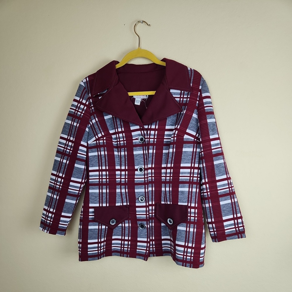 Vintage dark Academia office 70s layer Plaid Textured Blazer Burgundy Grey